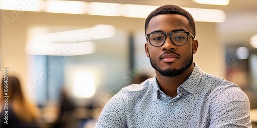 A young African American man wearing glasses is depicted as a confident and appealing human resource manager in an office, actively engaged in the hiring process.