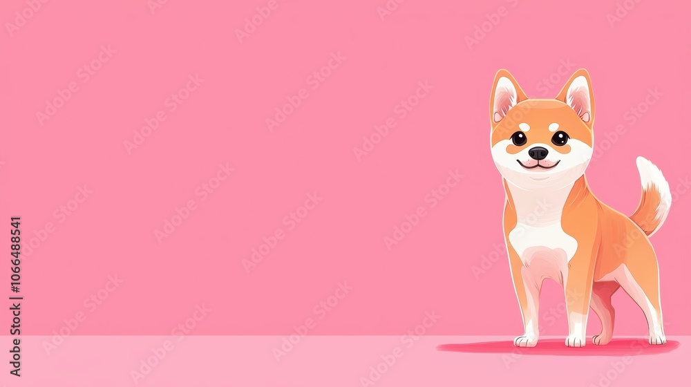 A cheerful cartoon Shiba Inu stands against a vibrant pink background A cheerful cartoon Shiba Inu stands against a vibrant pink background