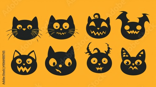 Halloween Cat and Bat Silhouettes on Yellow Background