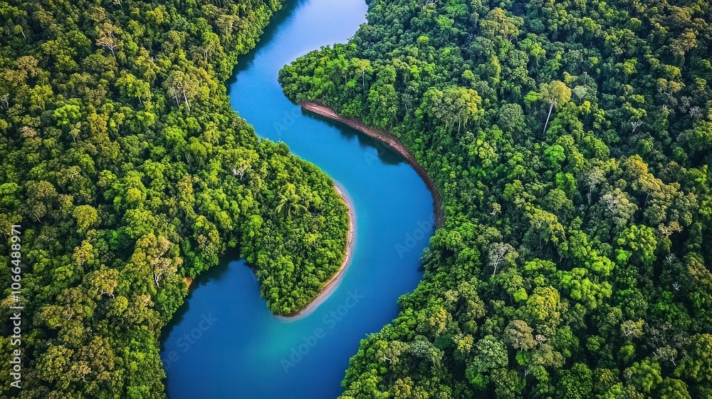 Aerial View of a Winding River Through a Lush Green Forest Aerial View of a Winding River Through a Lush Green Forest