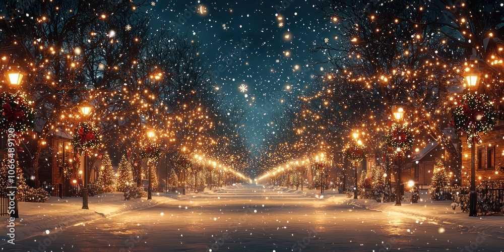 Snowy Street Decorated with Christmas Lights at Night Snowy Street Decorated with Christmas Lights at Night