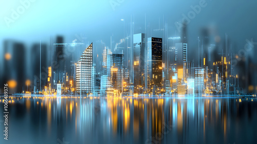 Futuristic city skyline with glowing buildings and reflections at night
