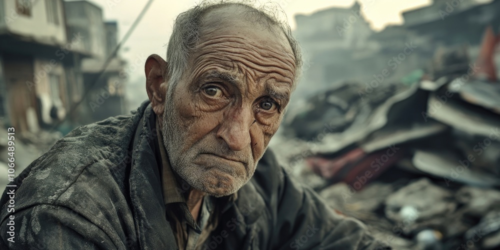 A poignant image captures a sorrowful man gazing into the lens following a calamity. This scene reflects themes of tragedy, disaster, and urgent emergencies like earthquakes. A poignant image captures a sorrowful man gazing into the lens following a calamity. This scene reflects themes of tragedy, disaster, and urgent emergencies like earthquakes.