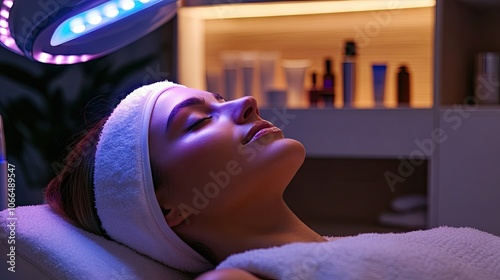 Woman enjoying a LED facial treatment focused on relaxation and skincare in a tranquil beauty salon, with an emphasis on creating a serene atmosphere and ample copy space. photo