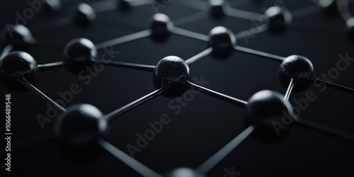 Abstract Iridescent Metallic Molecules Expanding Horizontally Across Black Background in Surreal Perspective, Highlighting Industrial Technology and Innovation with Chemistry and Sustainability Focus
