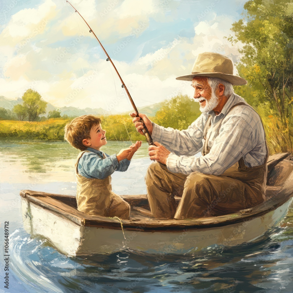 A nostalgic scene of a grandfather teaching his grandson to fish from a small boat, with smiles and laughter, illustrating the passing down of tradition and love for the sport. A nostalgic scene of a grandfather teaching his grandson to fish from a small boat, with smiles and laughter, illustrating the passing down of tradition and love for the sport.