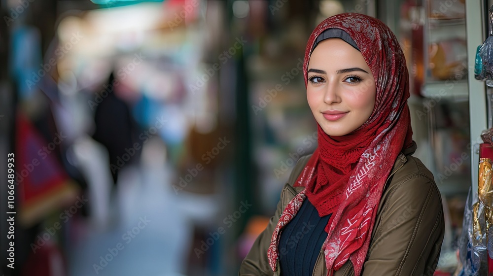 Young, beautiful Muslim woman poses in front of a store, highlighting her style and grace. The photo captures the essence of urban life with ample copy space for design needs. Young, beautiful Muslim woman poses in front of a store, highlighting her style and grace. The photo captures the essence of urban life with ample copy space for design needs.