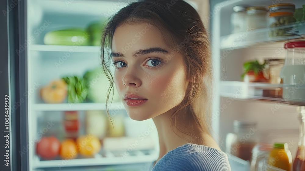 Attractive young Caucasian female in front of an open refrigerator, highlighting options for fresh food with ample copy space for design or text. Attractive young Caucasian female in front of an open refrigerator, highlighting options for fresh food with ample copy space for design or text.