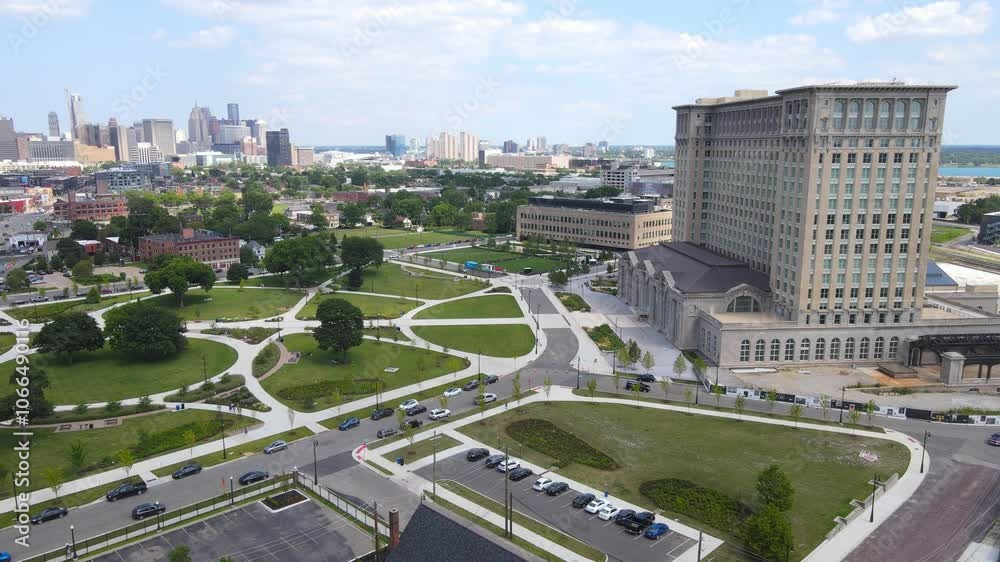 Detroit skyline and Michigan Central Station building in Corktown, aerial drone view