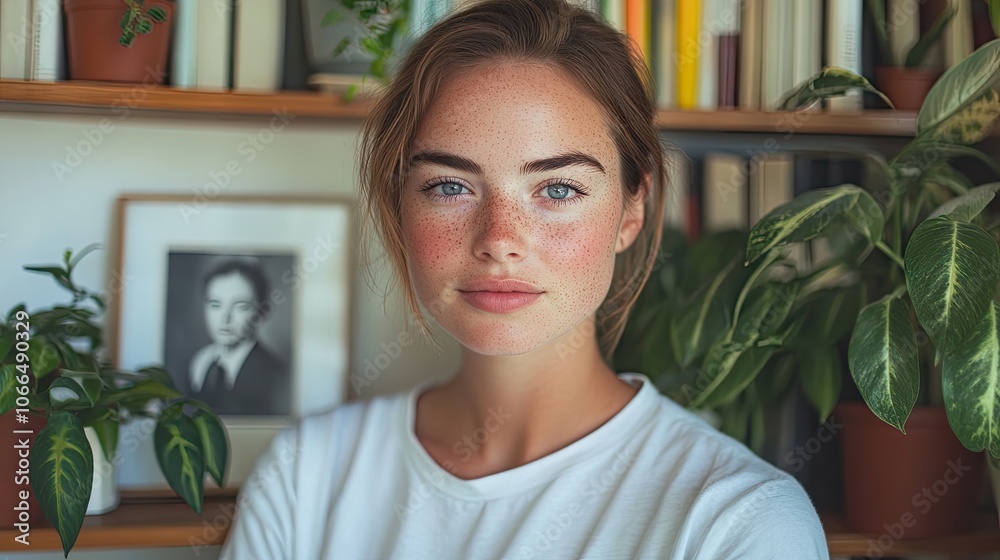 Portrait of a young woman with freckles in close-up, surrounded by books, plants, and a vintage photo displayed on the shelf, with ample copy space for text. Portrait of a young woman with freckles in close-up, surrounded by books, plants, and a vintage photo displayed on the shelf, with ample copy space for text.