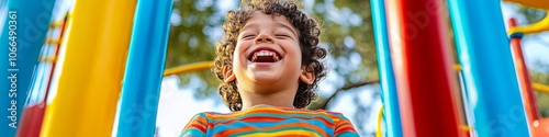 Person with developmental disability laughing and playing in inclusive playground  Joyful inclusion in playtime. photo