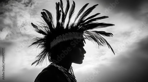 Tribal warrior portrait captured in dramatic monochrome, highlighting intricate feather headgear with a striking silhouette effect against a plain backdrop and ample copy space. photo