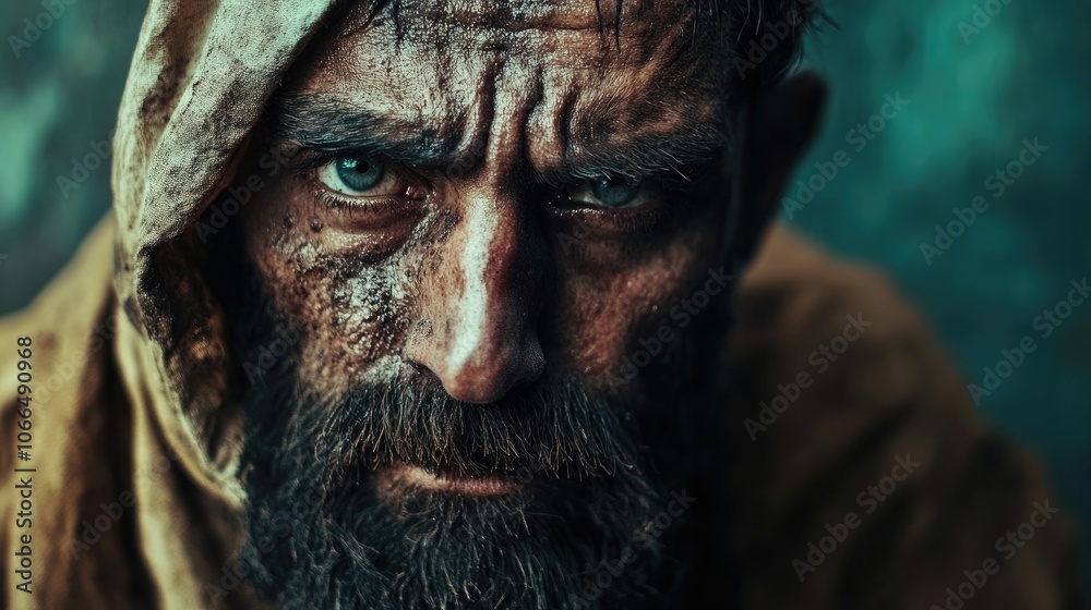 Obraz premium Close-up of a man in dirty clothes begging for money, capturing the emotional struggle and human experience of begging. The photo provides ample space for text or other elements.