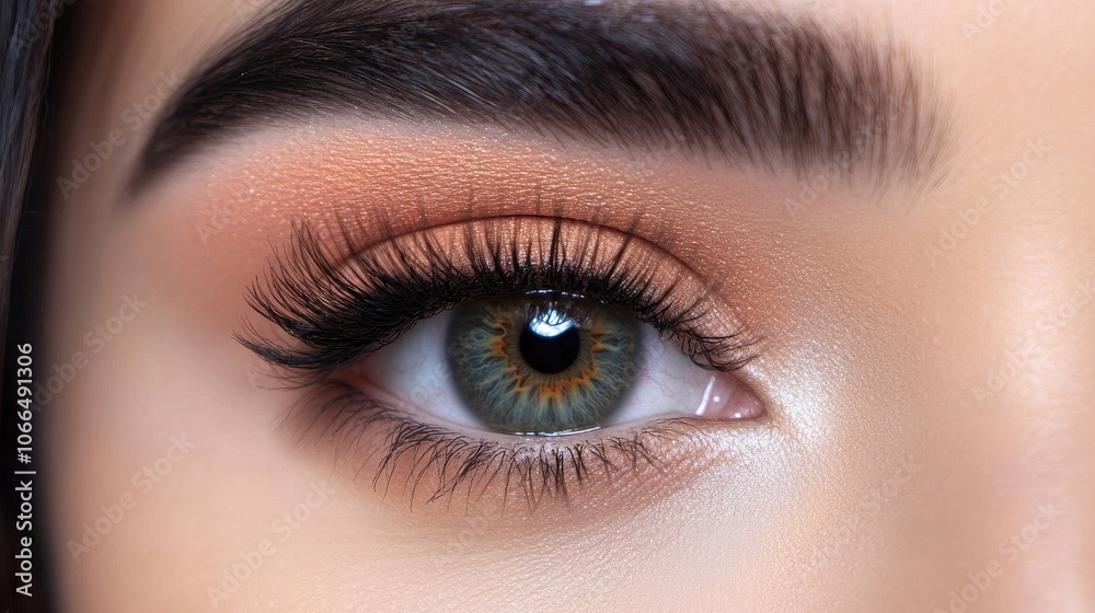 Obraz premium Close-up of a captivating womans eye accentuated by long dark eyelashes, set against a soft, blurred background. The womans eye reflects beauty and elegance, creating a mesmerizing focus.