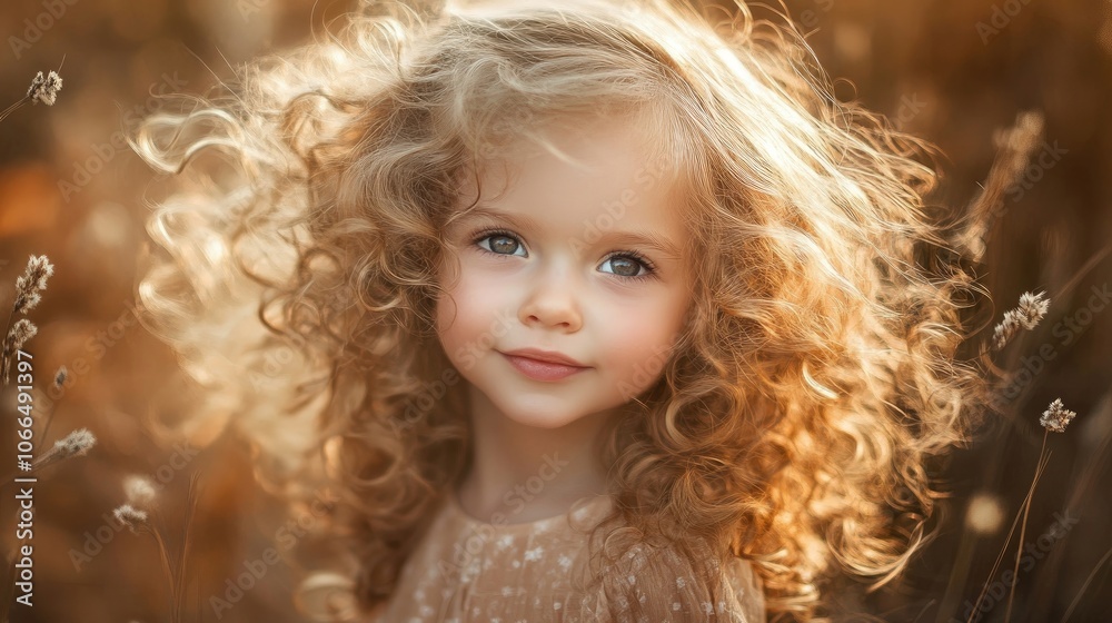 Portrait of an adorable little girl with curly golden hair, her playful expression and gestures create an engaging scene, ideal for adding copyspace for creative purposes. Portrait of an adorable little girl with curly golden hair, her playful expression and gestures create an engaging scene, ideal for adding copyspace for creative purposes.