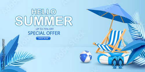 up to 75% off special offer hello summer sale banner,special discount,promotion and summer business bonus concept advertising and marketing banner with leisure vacation objects vector illustration.