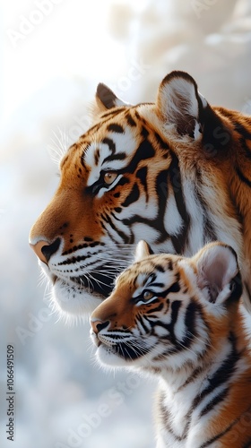 realistic photo, tigress and tiger cub, looking in the same direction close-up, background a blurred effect, season summer, natural lighting