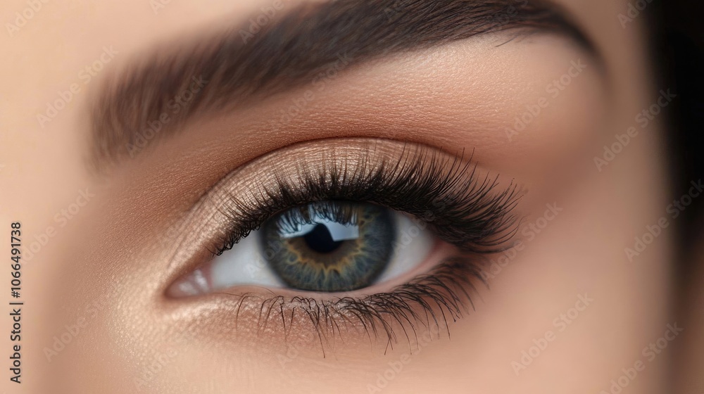 Close-up of a captivating womans eye accentuated by long dark eyelashes, set against a soft, blurred background. The womans eye reflects beauty and elegance, creating a mesmerizing focus. Close-up of a captivating womans eye accentuated by long dark eyelashes, set against a soft, blurred background. The womans eye reflects beauty and elegance, creating a mesmerizing focus.
