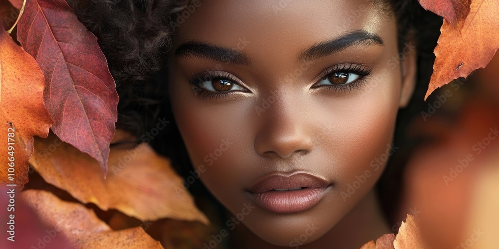 A breathtaking beauty portrait showcasing a young woman of diverse ethnic backgrounds in an autumn inspired color palette, captured in a detailed studio close up.