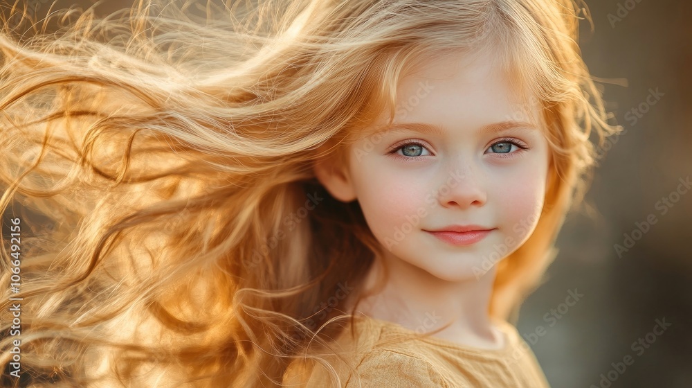 Naklejka premium Adorable little princess with stunning long, fluffy golden hair captures the essence of childhood charm. This image of a little princess radiates joy and innocence, perfect for various themes.