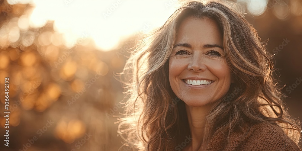 A lovely, mature woman is smiling joyfully at the camera while being outside in a natural setting, showcasing her beauty and happiness. A lovely, mature woman is smiling joyfully at the camera while being outside in a natural setting, showcasing her beauty and happiness.