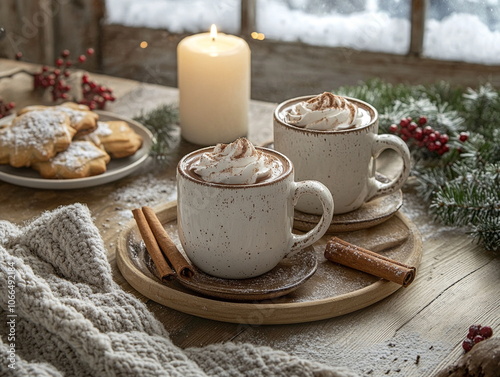 Wallpaper Mural A photo of a  cup of coffee/chocolate with creams and cookies on table near a window, with a candle and christmas decorations, background wallpaper Torontodigital.ca