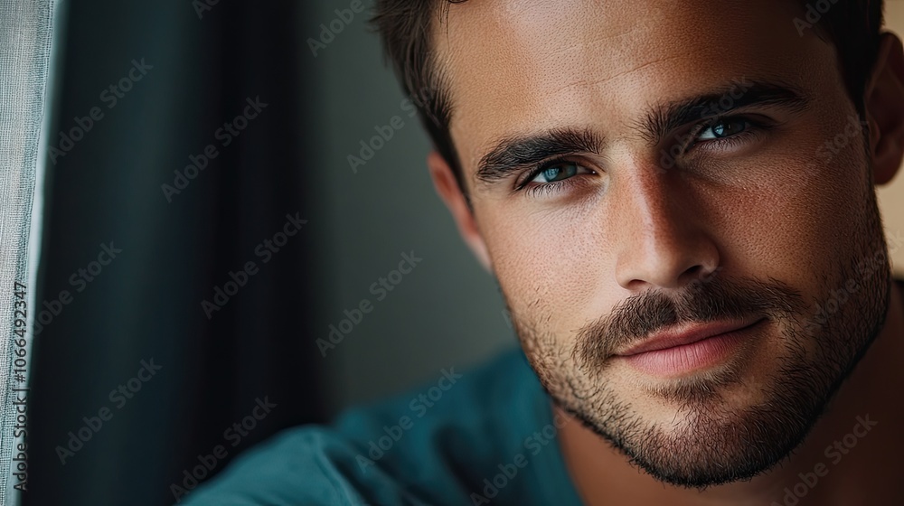 Obraz premium Close-up portrait of a handsome man confidently looking at the camera, highlighting his features with ample copy space for graphic use and creative design.