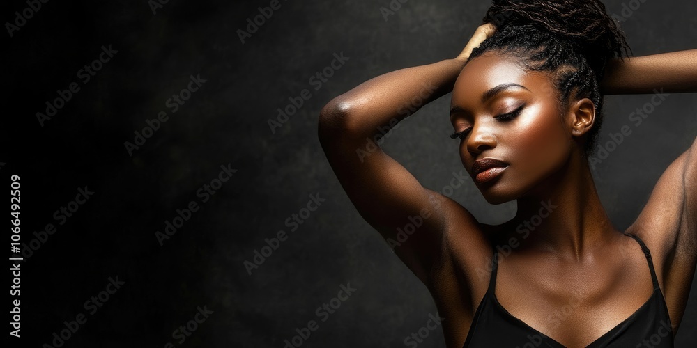 A young woman, representing a diverse ethnic background, strikes a poised and elegant pose, showcasing gracefulness and beauty in her posture and demeanor.