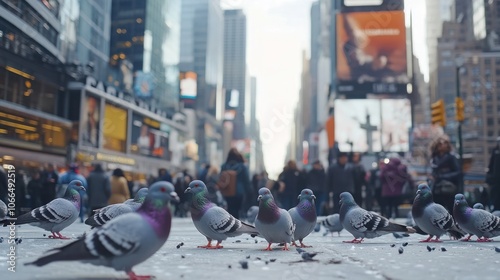 Wallpaper Mural Pigeons gather in Times Square, New York City, amidst a bustling crowd. Torontodigital.ca