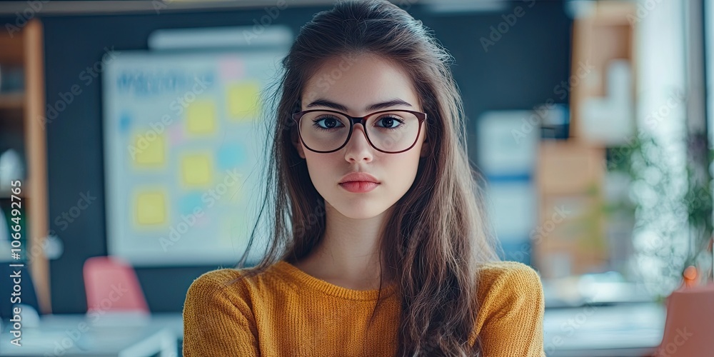 A young woman in spectacles is present in either a classroom or an office setting. She is clearly identifiable as someone who wears glasses while engaged in her environment.