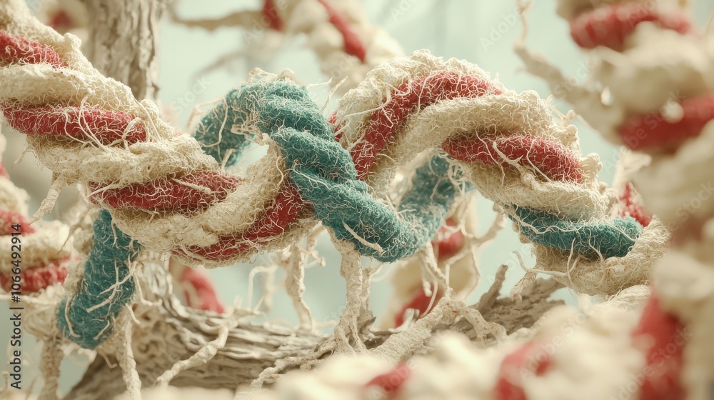 A close-up of intertwined ropes featuring a mix of red, white, and blue fibers, showcasing intricate textures and patterns.