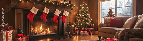 Cozy Christmas Living Room with Fireplace, Decorated Tree, and Gifts