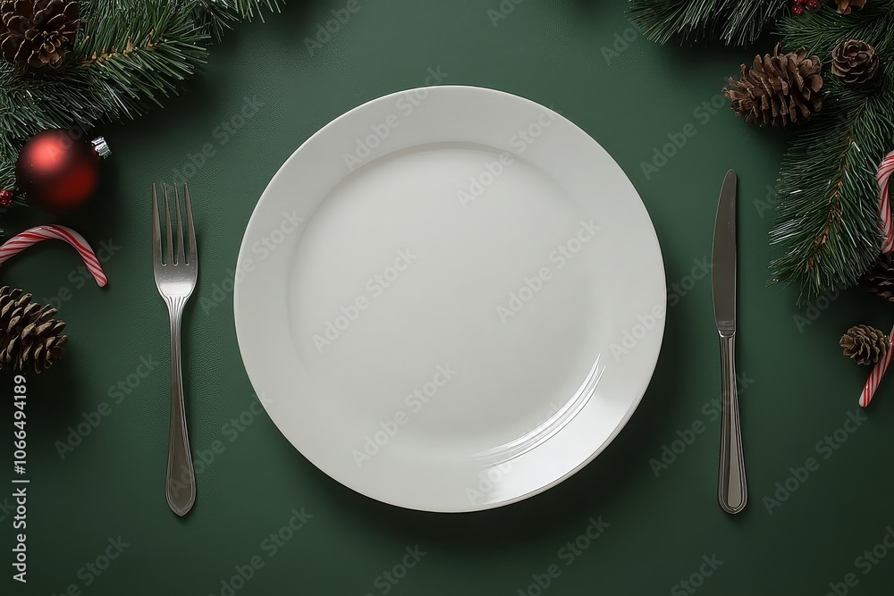 Empty white plate on festive Christmas table setting with candy canes, pine cones, and fork. Green background, minimalist holiday decor.