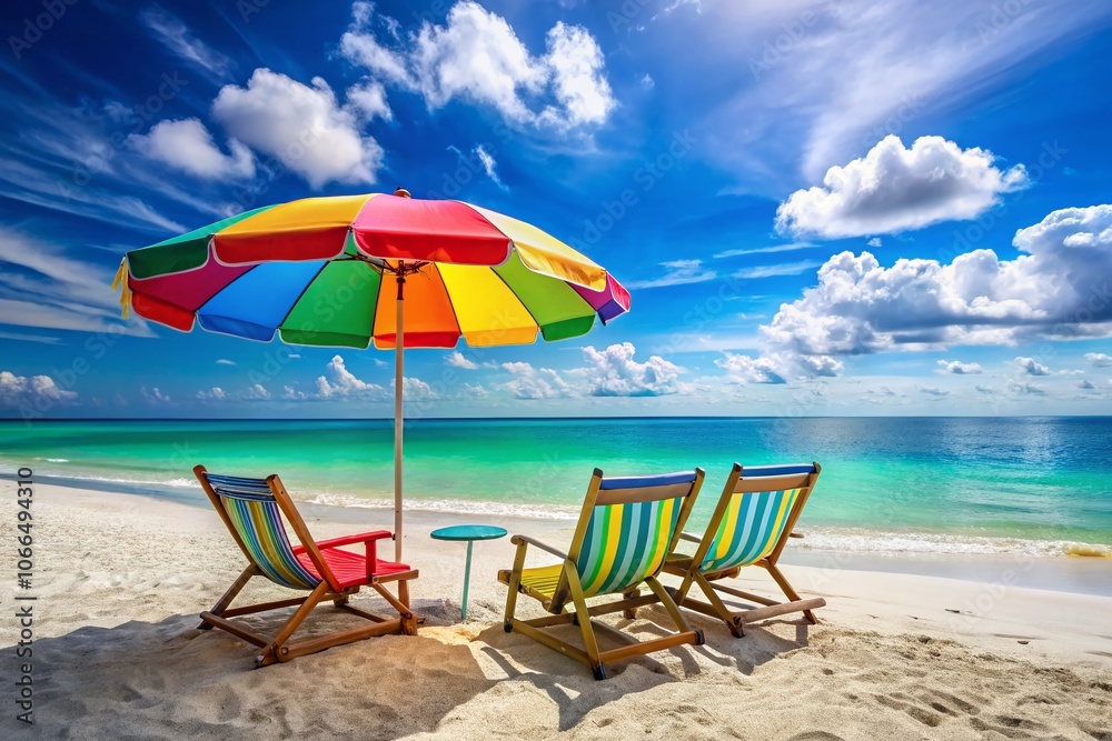 Beach Chairs Under Umbrella with Clear Blue Ocean and Sky - Relaxation, Summer Vibes, Coastal Paradise, Vacation Getaway, and Scenic Serenity Beach Chairs Under Umbrella with Clear Blue Ocean and Sky - Relaxation, Summer Vibes, Coastal Paradise, Vacation Getaway, and Scenic Serenity