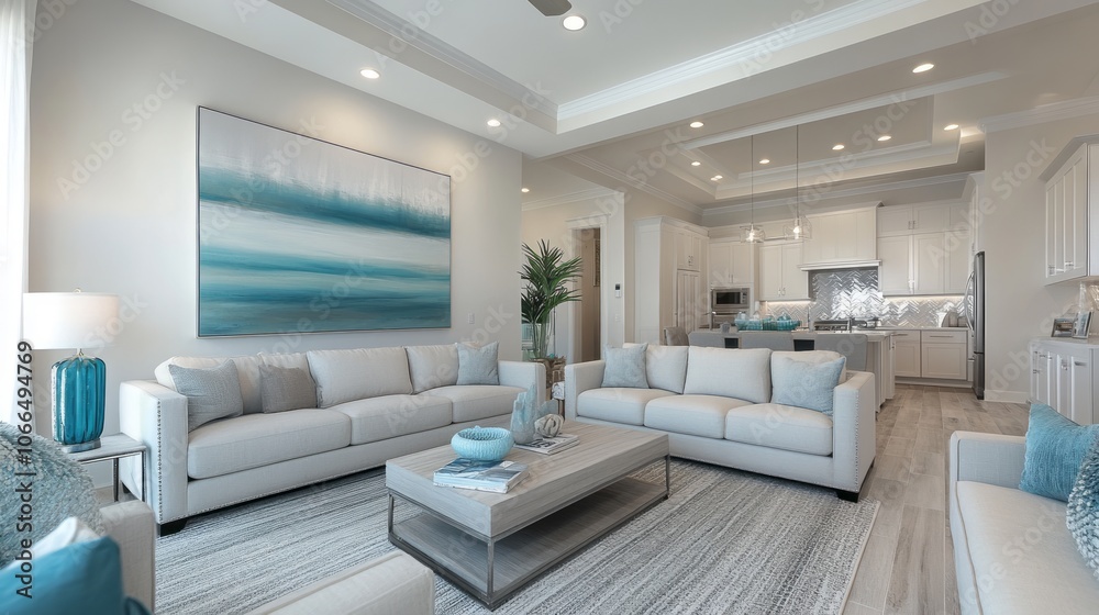 Modern living room with white couches, a coffee table, a blue rug, and a large abstract painting Modern living room with white couches, a coffee table, a blue rug, and a large abstract painting