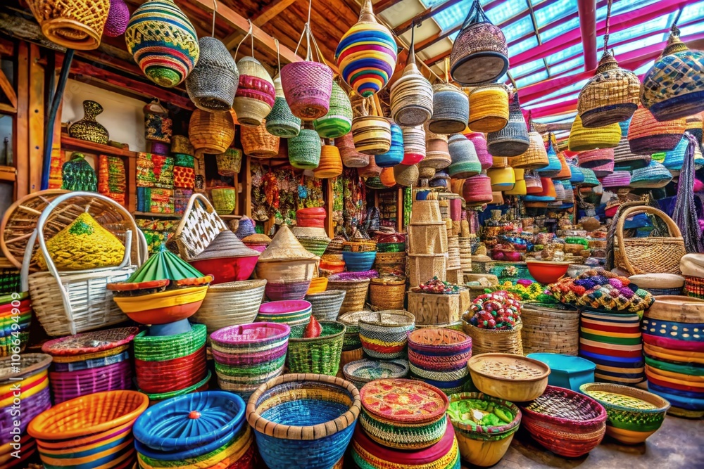 Beautiful Panoramic View of Colorful Baskets in a Market Setting - Vibrant Textiles and Unique Patterns, Showcasing Traditional Craftsmanship and Cultural Heritage