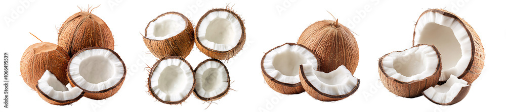 Set of fresh whole and halved coconut with white flesh isolated on transparent background.