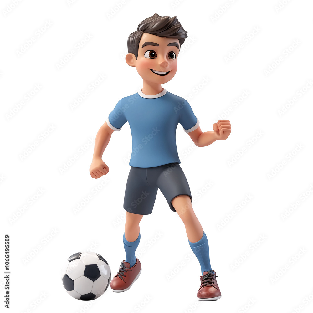 3D cartoon boy in soccer uniform dribbling a ball isolated on transparent background. 3D cartoon boy in soccer uniform dribbling a ball isolated on transparent background.