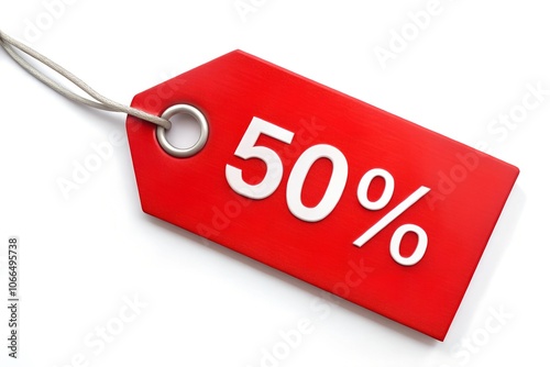 Red discount tag on white background