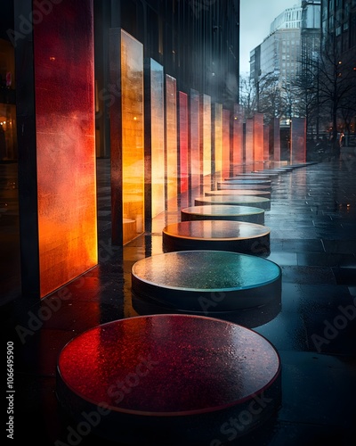 Colorful illuminated art installation on a rainy city street photo