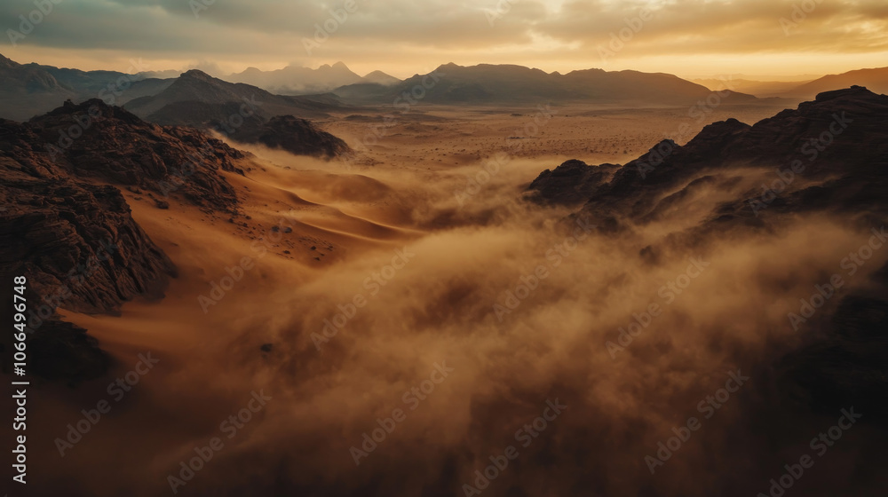 The vast desert during an intense sandstorm, where towering dunes fade into a thick dust cloud, under a sky cast in muted shades of yellow and brown. The vast desert during an intense sandstorm, where towering dunes fade into a thick dust cloud, under a sky cast in muted shades of yellow and brown.
