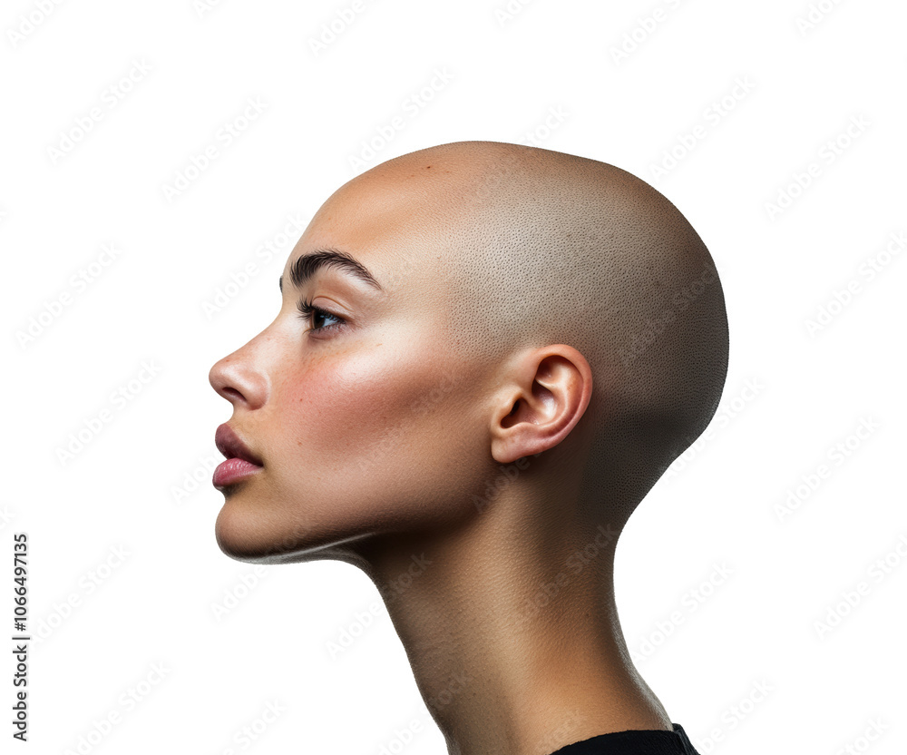 Profile of bald woman with smooth skin and natural beauty, side view, isolated on transparent background Profile of bald woman with smooth skin and natural beauty, side view, isolated on transparent background