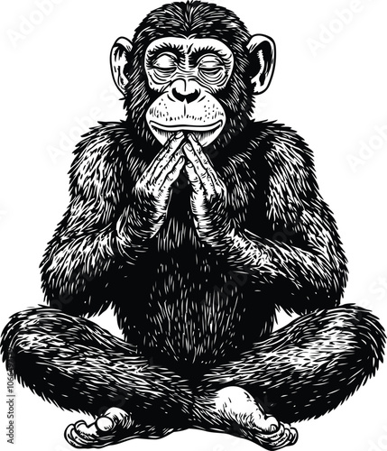 thoughtful meditating monkey in seated position sketch engraving raster illustration. Scratch board imitation. Black and white image, Ideal for Stock Vectors.