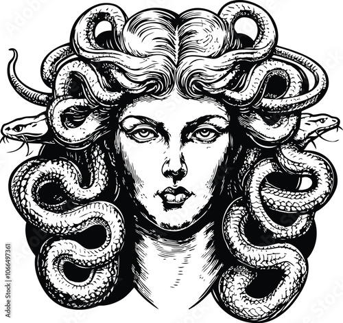 Medusa Gorgo head with snakes sketch engraving raster illustration. Scratch board imitation. Black and white image, Ideal for Stock Vectors.