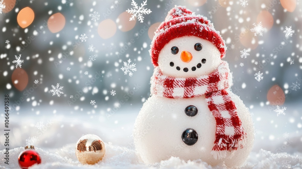 Cute Snowman with Red Hat in Winter Wonderland Scene