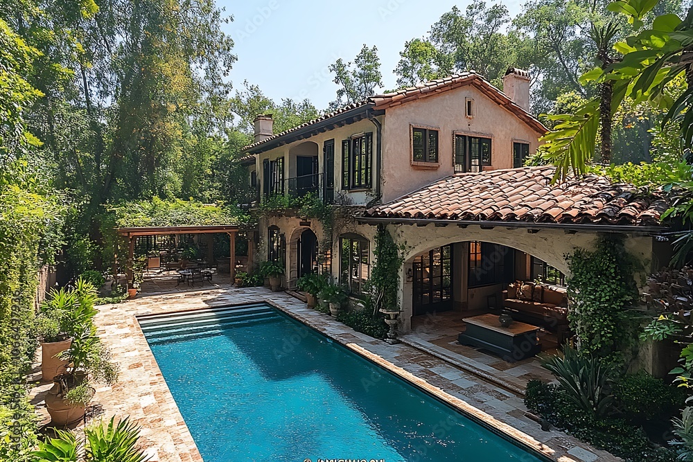 Fototapeta premium A luxurious Mediterranean-style villa with a swimming pool, surrounded by lush greenery.