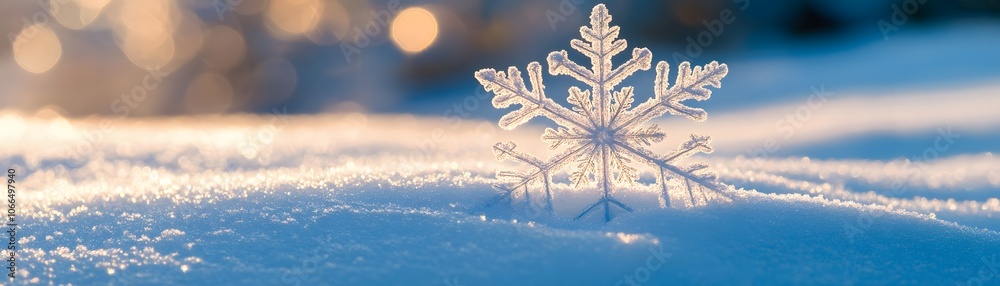 A Delicate Snowflake Adorned with Golden Light in a Snowy Landscape