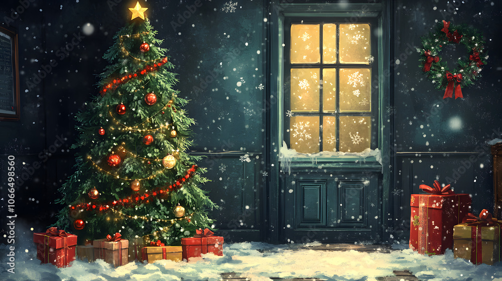 Christmas background with Christmas tree,  and gifts