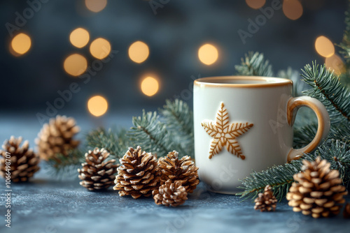 Cozy mug of gluhwein on a table adorned with pine cones and festive decorations