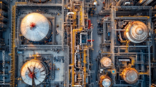 The aerial view captures a large industrial complex with complex pipeline systems and storage tanks illuminated by the golden light of late afternoon